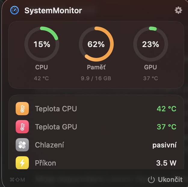 Panel Ohmly s přehledem CPU, paměti a teplot