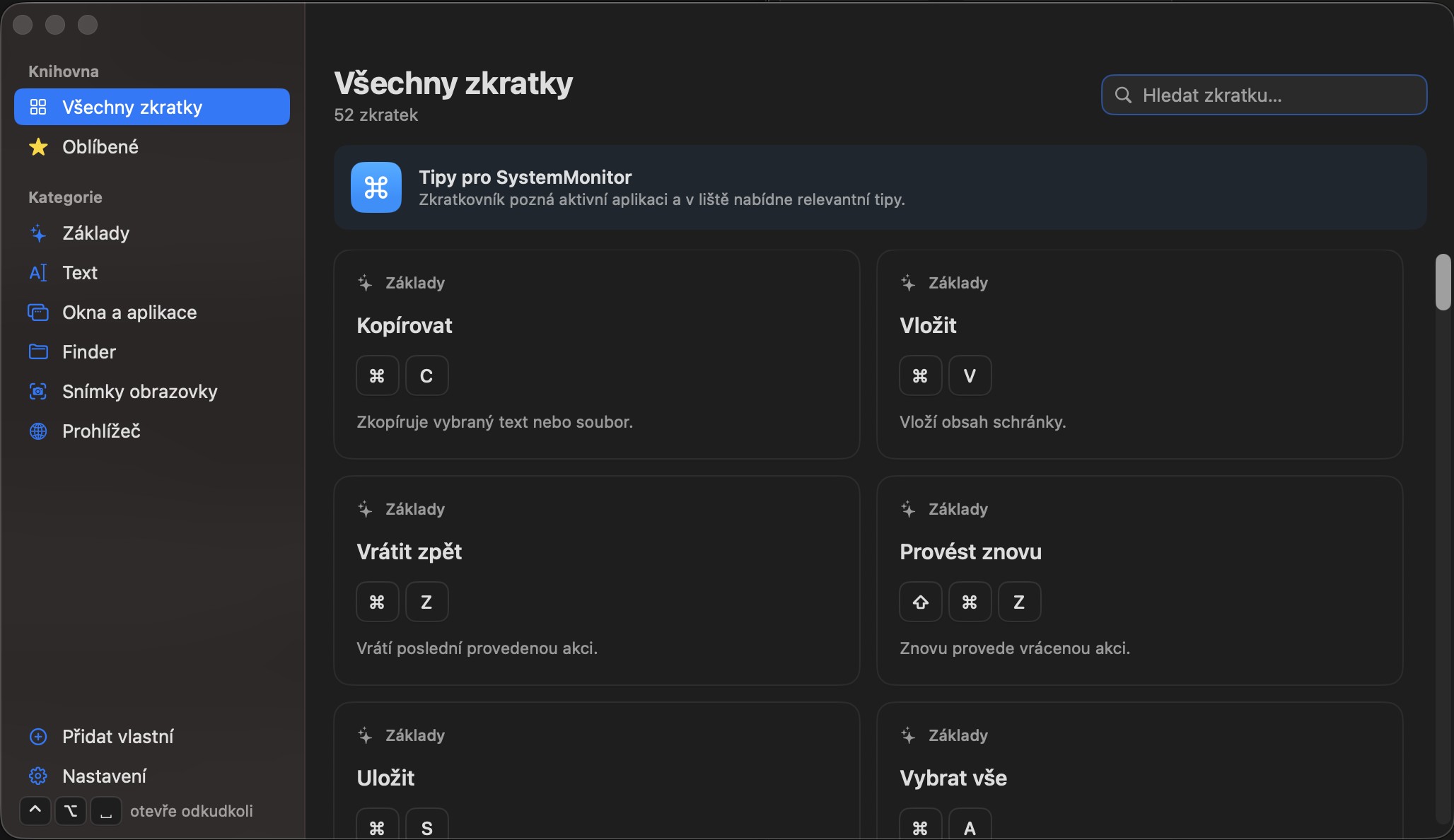 Knihovna zkratek ve ShortCommand — 52 zkratek rozdělených do kategorií