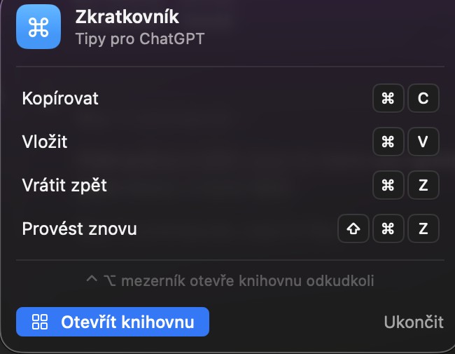 Kontextové tipy ShortCommand pro aktivní aplikaci s tlačítkem Otevřít knihovnu